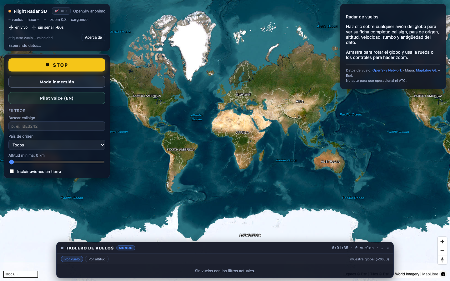 Mapa mundial tridimensional de vuelos en tiempo real